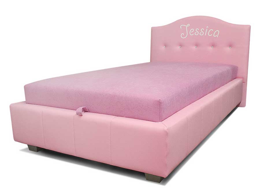 Schlafzimmer, 120×200 bett mit bettkasten und Aufbewahrung im lederbezug im rosa Farbe.  