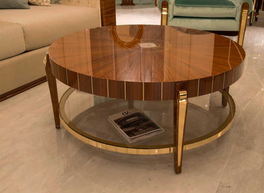 Wohnzimmer, Runder couchtisch holz hochglanz mit Ablage aus Glas.  